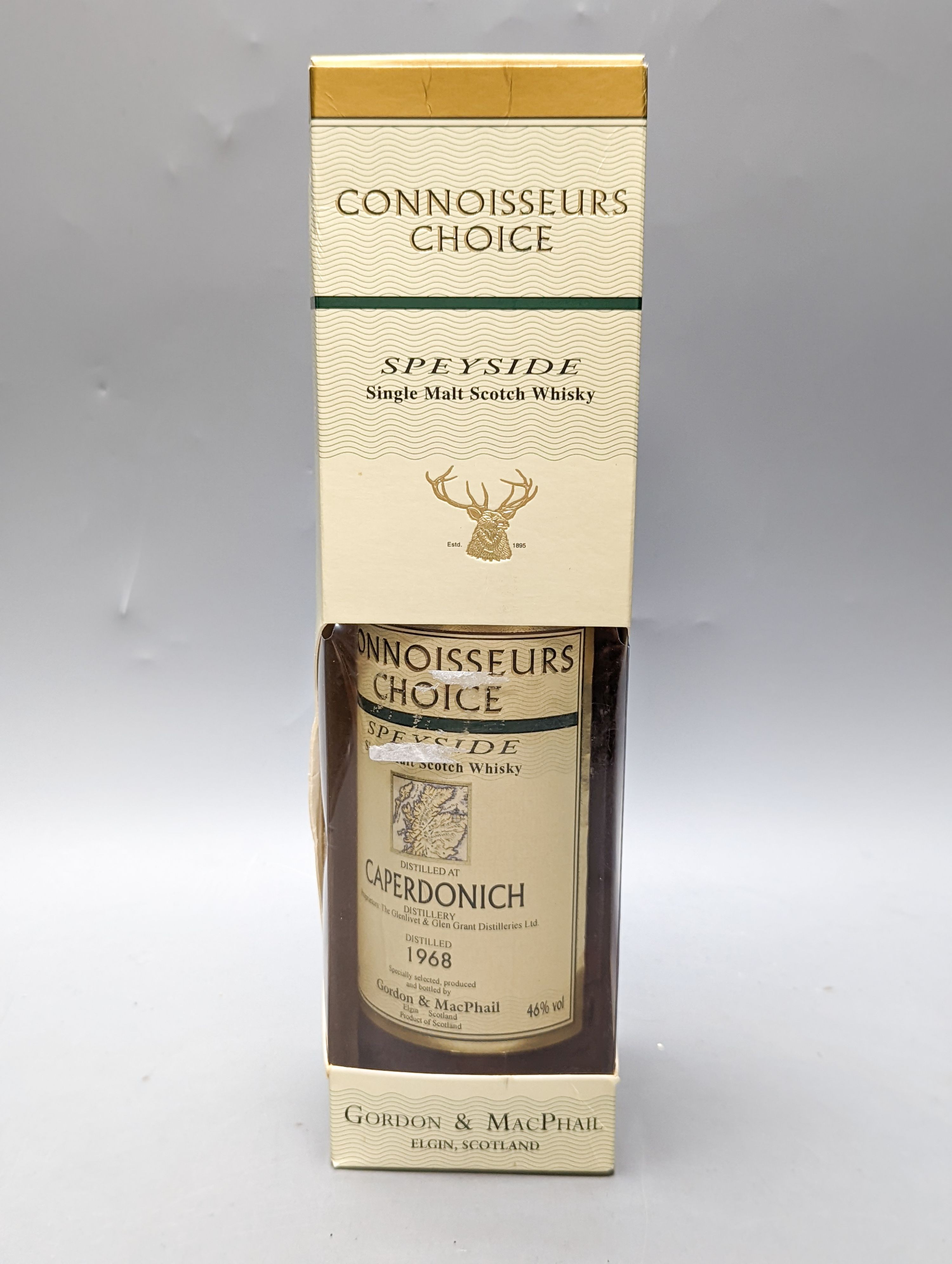 One bottle of Caperdonich Connoisseur's Choice single malt whisky, distilled 1968, in original box.